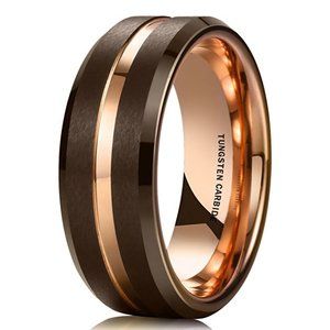 Men's Tungsten Wedding Band (8mm). Brown & Rose Gold Tungsten Carbide Ring.